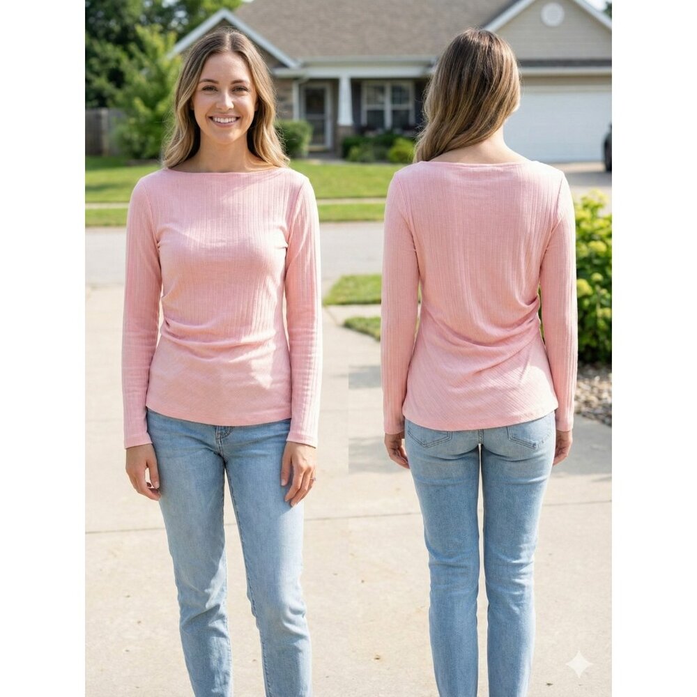 LOFT Pink Ribbed Knit Top Small Asymmetrical Ruched Side Long Sleeve NWT